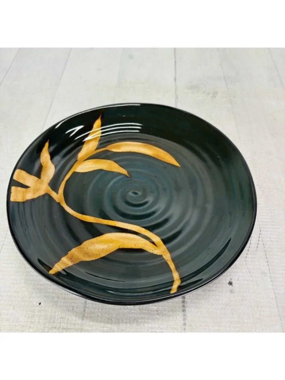 Pier 1 DAKARA Bamboo Leaf Yellow Rust Hand Painted Stoneware 8 5/8